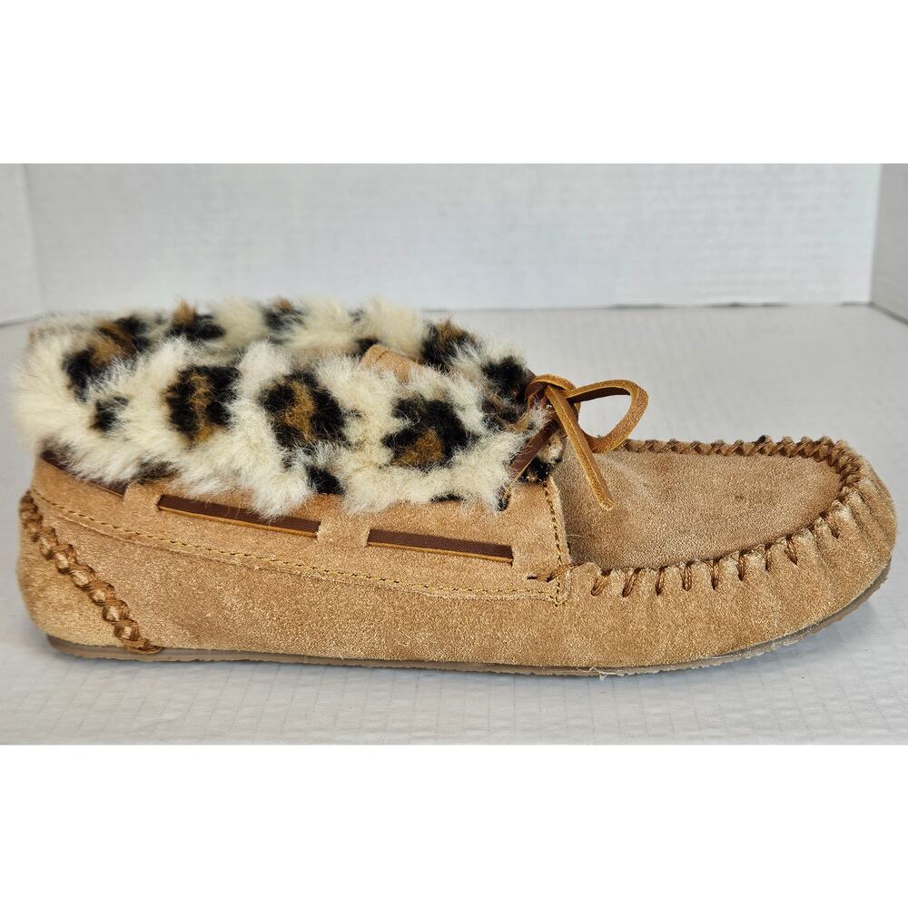 Women's Tan Leather‎ Minnetonka Moccasin Slipper Faux Fur Lining & Trim Size 7M
